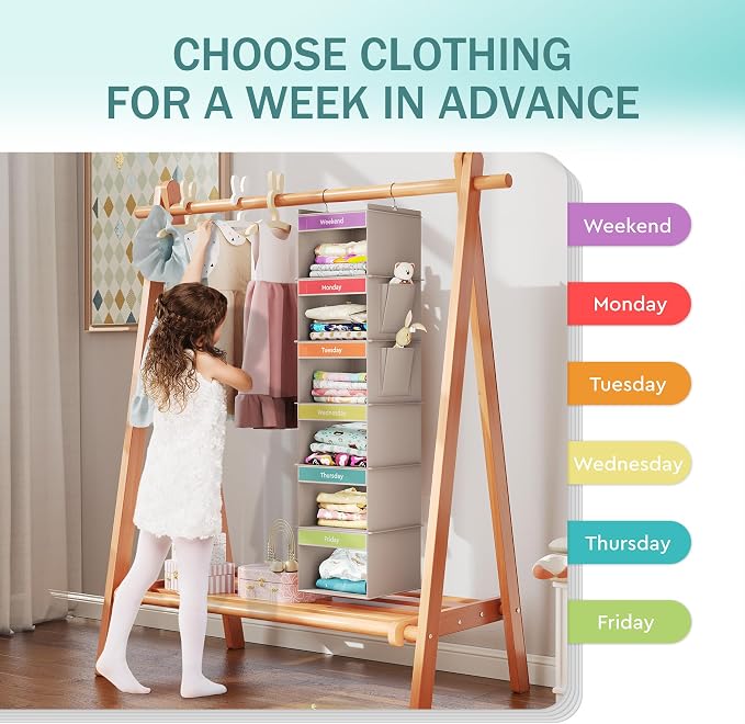 YOUDENOVA Weekly Clothes Organizer for Kids, Hanging Closet Organizer, Grey | Days of the Week Clothes Organizer, Reinforced Bamboo Slats, Kids' School Outfit Planning, Breathable Fabric, 2 Side Pockets