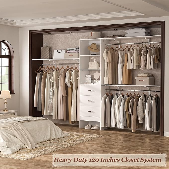 120 Inches Closet System, 10FT Walk In Closet Organizer with 3 Shelving Towers, Heavy Duty Clothes Rack with 3 Drawers, Built-In Garment Rack, 120" L x 16" W x 75" H, Max Load 1300 LBS, White