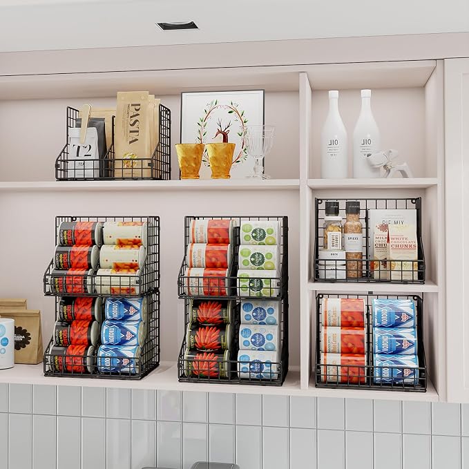Stackable Can Organizer for Pantry with 2 Adjustable Dividers, Soda Can Organizer, Can Storage Dispenser Holds up to 28 Cans, 2 tier Metal Wire Baskets Can Holder for Kitchen Cabinet Pantry, Black