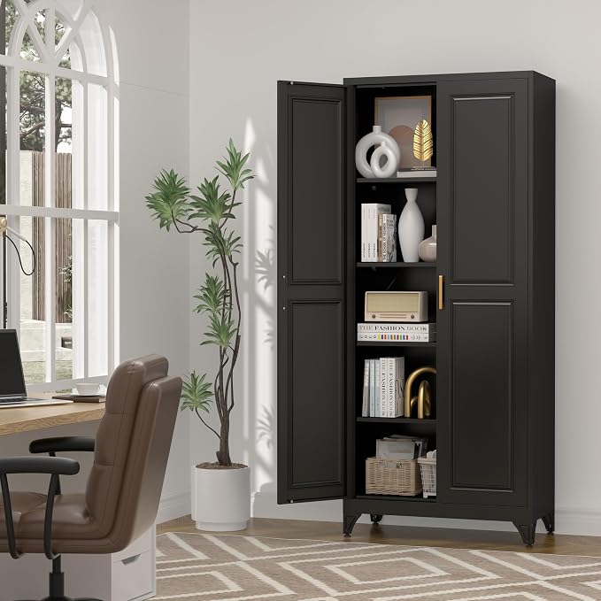 UNICOLY 75" Kitchen Pantry Cabinet, Metal Tall Storage Cabinet with Doors | Kitchen Storage Cabinets with 4 Shelves,Pantry Storage for Kitchens, Living Room, Dinning Room, Assembly Required, Black