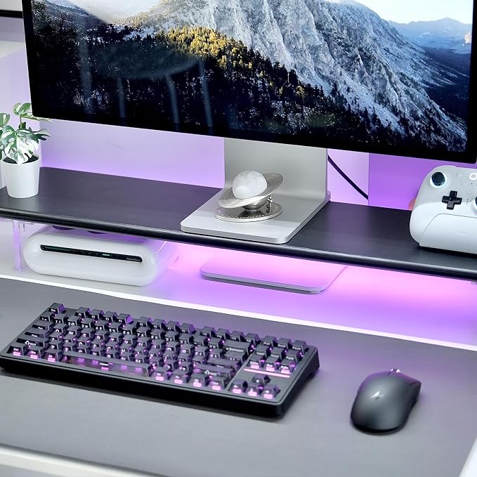 Bamboo Monitor Stand, Desk Shelf with Acrylic Legs and RGB Lights | 31.5-Inch Wide, 3.3-Inch Clearance, Fits Monitor, Laptop, Printer and Speakers for Small Desks