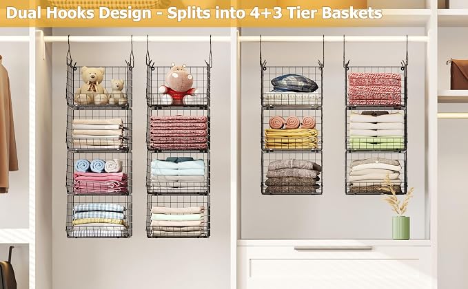 X-cosrack 7 Tier Foldable Hanging Closet Organizer and Storage,Wire Closet Shelving with 4 Large Hooks+ 5 S Hooks,Hanging Basket for Clothes Sweaters Shoes Handbags,Small Closet Organizers