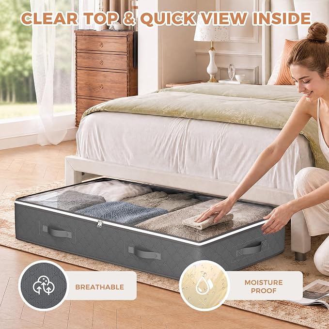 Budding Joy Under Bed Storage Containers, Storage Bins with Clear Lids | 4 Pack foldable organizers for clothes, blankets, shoes, bed sheets, comforter, wrapping paper, dorm storage