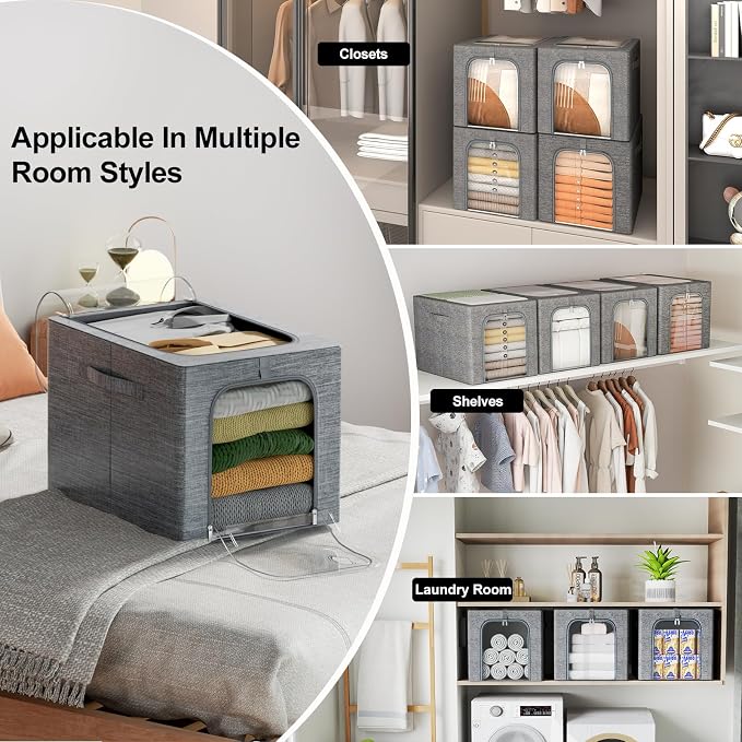 GoMaihe Clothes Storage Bins with Metal Frame for Closet, 40L 4-Pack Grey | Sweaters Hoodies Jeans T-Shirt, Closet Top Shelf Organizer, Steel Frame Collapse-Proof, Stackable, Clear Window, Dual Access