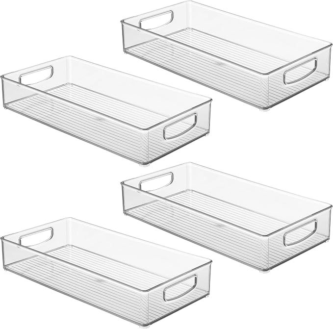 iDesign Stackable Clear Plastic Extra Long Pantry Organizers, 4-Pack | Cabinet Storage Bins, For Kitchen