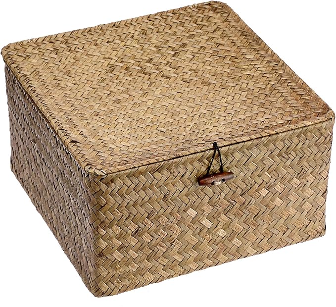 Hipiwe Handwoven Storage Box with Lid Seagrass Wicker Shelf Basket Bin Household Organizer for Bookshelf Living Room Bath Room, Coffee, X-Large