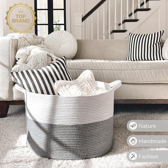 INDRESSME XXXLarge Woven Rope Blanket Basket Living Room Light Grey, 90L | 21.7" x 13.8" Storage baskets for toys laundry & pillows. Fits living room, bedroom or nursery décor. Soft-touch with handles