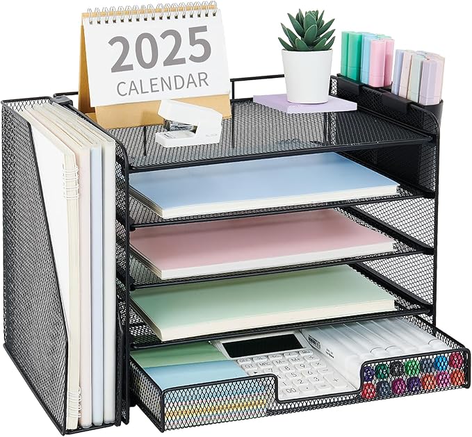 OPNICE Desk Organizer, 5-Tier Desktop File Organizer with Drawer and Pen Holders, Office Desk Accessories, File Sorters, Workspace Organizers for Office Supplies(Black)