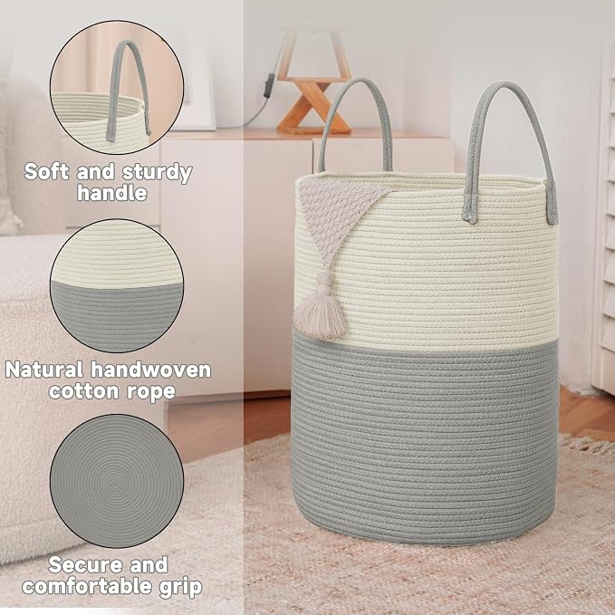 JMvicyroam 100L Cotton Rope Laundry Basket Hamper, White and Grey | Collapsible laundry basket, reinforced handles, freestanding, machine washable, holds 3-5 thick blankets, clothes or toys