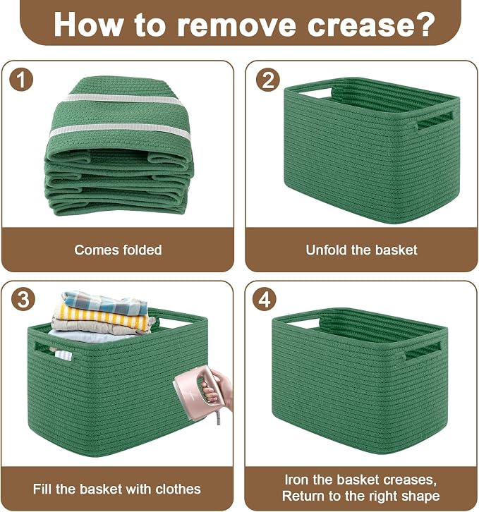 OIASKET 4Packs Natural Cotton Rope Storage Baskets for Organizing Toys, Clothes, Towels & Books, Soft Versatile Organizers for Shelves, Home Decorative Bins, 13''Lx9''Wx7.8''H, Green