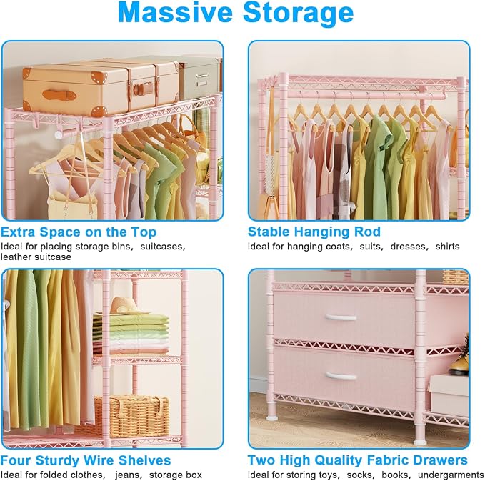 Ulif F3 Heavy Duty Clothes Rack(With Fabric Drawers)Freestanding Clothing Racks for Hanging Clothes,Adjustable Closet Organizer System,Portable Garment Rack 40" W x 15" D x 72" H,Max Load 700LBS,Pink
