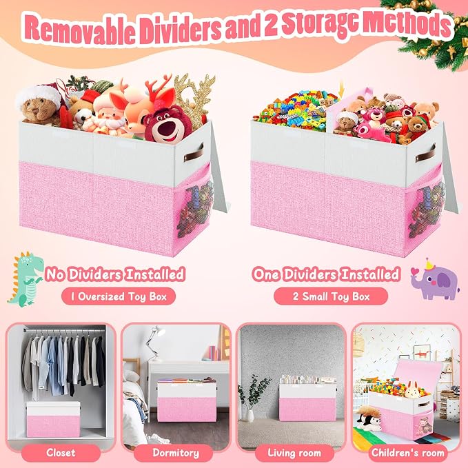Large Toy Storage Box with Lid & Dividers, Kids Toy Chest, Pink and White | Toy Box for Boys, Girls, Nursery, Bedroom, Living Room, Playroom, 25 x 13 x 16 inches