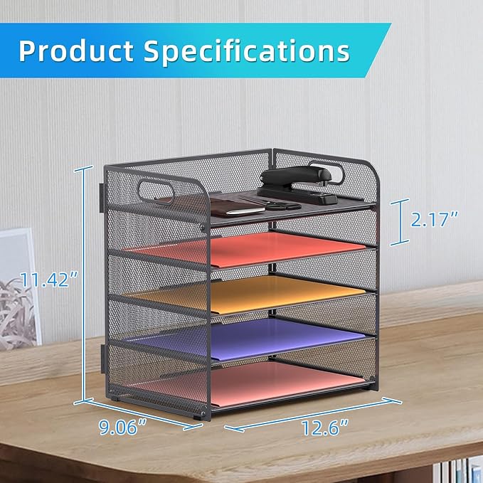 Supeasy 5 Trays Paper Organizer Letter Tray with Handle-Mesh Desk File Organizer, Grey Paper Sorter Desk Organizer for Office, Home or School