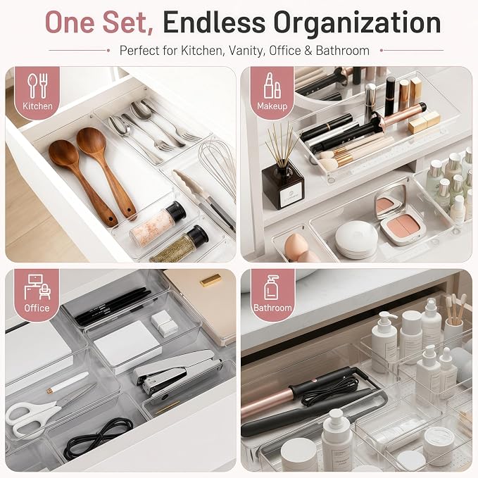 10 Pack Large Drawer Organizer Bins - Clear Plastic Bathroom Drawer Organizer Trays - Heavy Duty Kitchen Drawer Dividers for Utensils - Non-Slip Storage Bins for Makeup, Bedroom, Office Desk