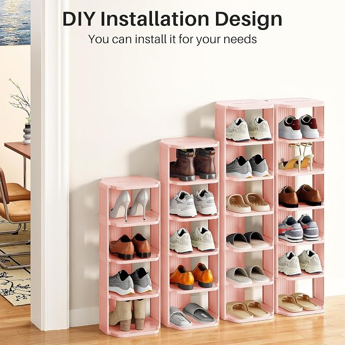 Kitstorack 10-Tier Vertical Plastic Shoe Rack, Freestanding Stackable Shoe Storage Organizer Cubes Shoe Shelf Tower or Small Closets and Tight Spaces, Pink