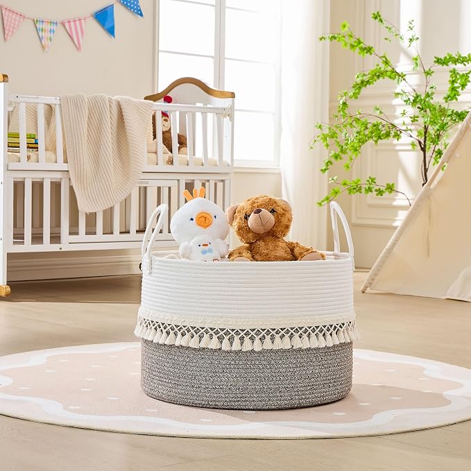 KAKAMAY Large Blanket Basket with Handles, Storage Basket for Living Room | Extra Large Capacity | Natural Cotton Rope | Blanket Storage | Woven Storage Basket | Stuffed Animal Storage | Laundry Basket