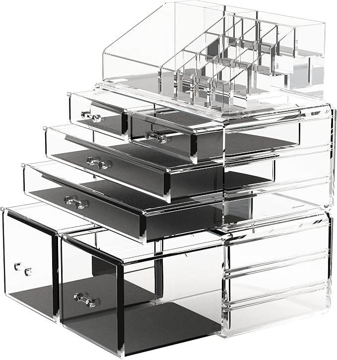 READAEER Makeup Organizer 3 Pieces Cosmetic Storage Case with 6 Drawers (Clear)