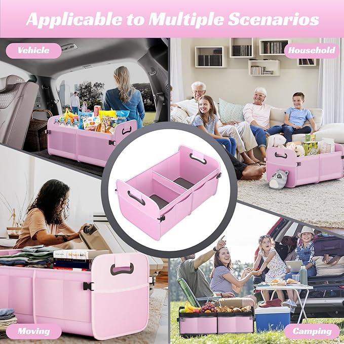 Sposuit Trunk Organizer for Car - 70L Collapsible Sturdy Car Storage, Pink | 11 Pockets & Reinforced Handles, Large Capacity, SUV Trunk Organizers for Grocery Cargo, Non-Slip Bottom
