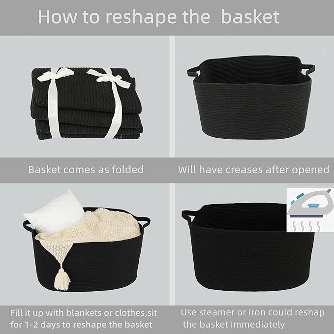 XUANGUO Large Rectangle Woven Cotton Rope Blanket Basket 22"x17"x12" Black | Storage basket for nursery and living room; toy basket for kids, dog toy storage, or laundry basket for clothes and towels.