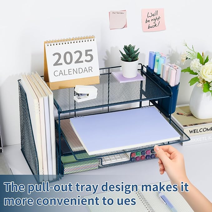 OPNICE Desk Organizer, 4-Tier Desktop File Organizer with Drawer and Pen Holders, Office Desk Accessories, File Sorters, Workspace Organizers for Office Supplies(Dark Blue)
