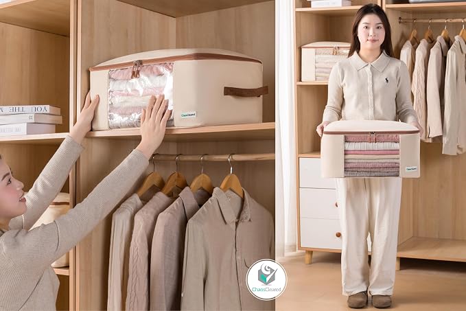 Chaos Cleared Canvas Storage Bags Designer Organizer for Clothing 2 Pack – Clothes Organizers for sweaters, clothing, garment, bedding, quilt, linens, large bag with zip & window, mothproof