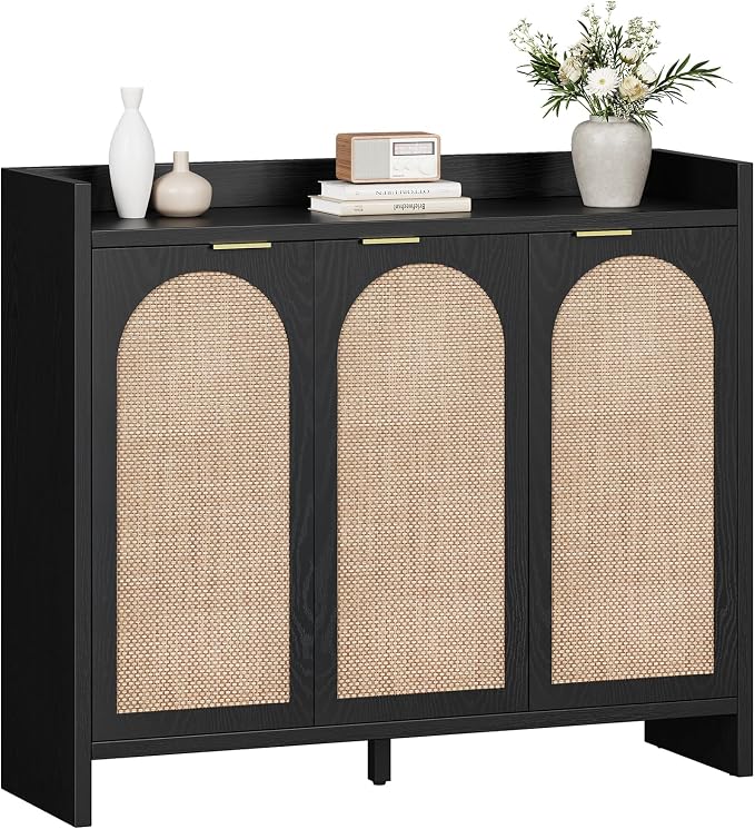 Shoe Cabinet Storage for Entryway - Rattan Accent Cabinet with 3 Doors & Adjustable Shelves, 6-Tier Large Wood Shoes Cabinets with Organizer Rack for Entry Way, Hallway, Living Room, Black