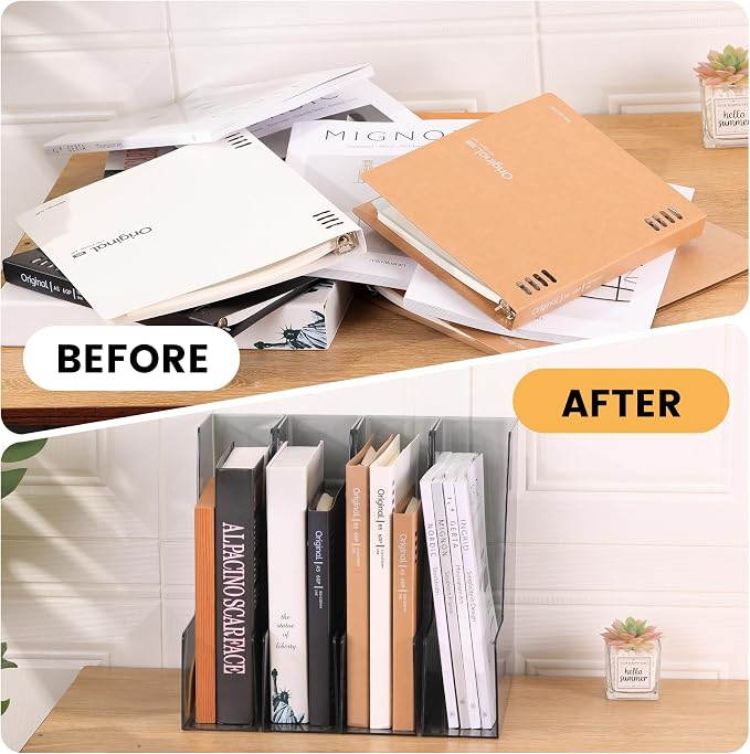 CiWiVOKi Vertical File Holder, PET Desk Organizer and Storage Bins Holding for Magazines, Binders, Notebooks, Envelopes, Papers, Multi-purpose Plastic Document Organizer for Home Office, Black, 4 Pack