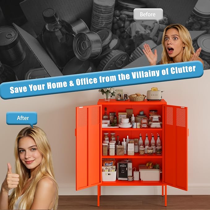 3-Tier Metal Storage Cabinet with 2 Adjustable Shelves & Mesh Doors | Metal Locker Accent Cabinet with Legs, Orange Storage Cabinets, Metal TV Stand Cabinet for Home Office, Entryway & Hallway