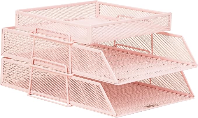 Mind Reader 2 Tier Paper Tray with Top Supply Compartment, Desktop File Organizer, Metal Mesh, Pink