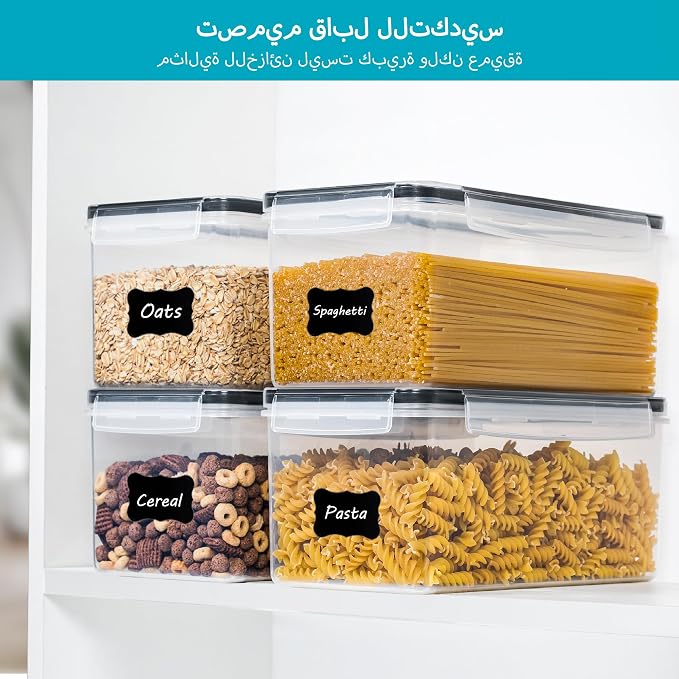 Vtopmart Pasta Storage Containers, 4 Pack, 3.2L Airtight Canisters | Horizonta Storage Design, Easy Access, Airtight BPA-Free Containers, Reusable Labels & Measuring Cups Included