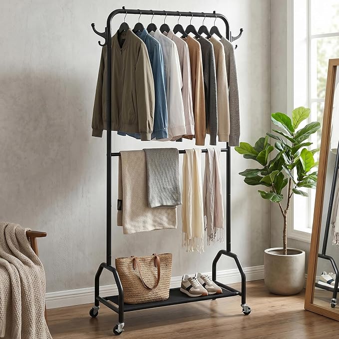 EVLIQUIL Double Hanging Garment Rack with Wheels, Hooks and Shelf, Black | Double Hanging Design and Smooth-Rolling Wheels with Open shelf offers additional storage for shoes, boxes or baskets.