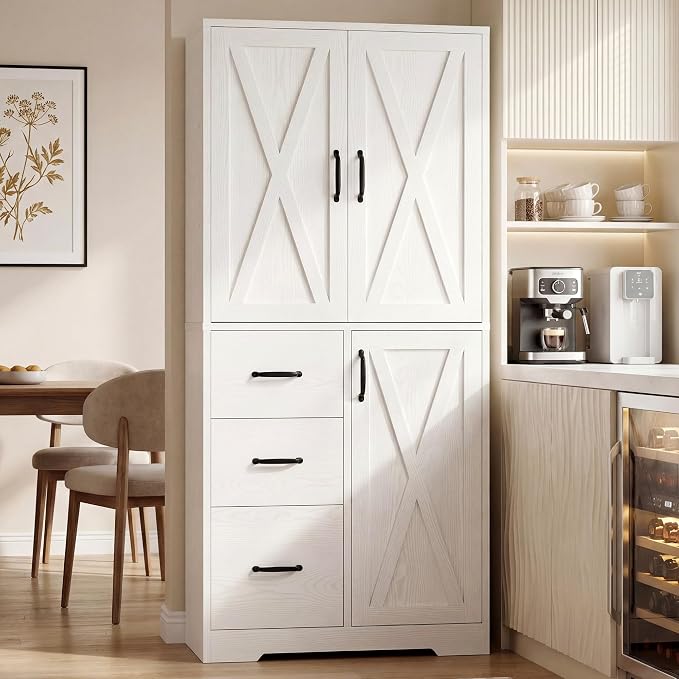 IRONCK Pantry Cabinet, Kitchen Storage Cabinet with 3 Door & Drawer, White | Adjustable Shelf. 67.5inch Tall. 5 Tier Freestanding. 150 lbs Per Shelf. Modern Style. FSC-certified Wood. Anti-tip.