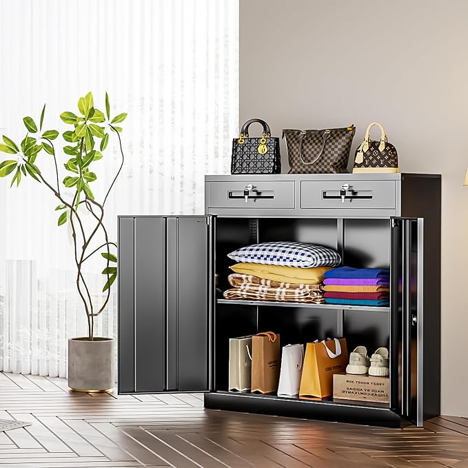 INTERGREAT Metal Storage Cabinet with Drawers, 36”H Lockable Office Storage Cabinets with 2 Doors and Adjustable Shelves, White Steel File Cabinet for Home Office, Garage, School, Apartment(Black)