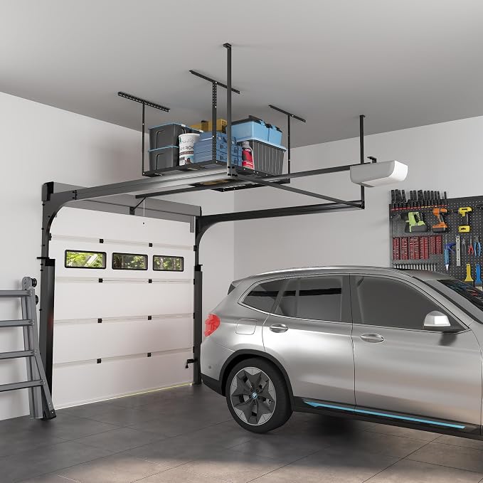 FLEXIMOUNTS 3x4 Overhead Garage Storage Rack, Adjustable Organization System, Heavy-Duty Metal Ceiling Racks, 275lbs Weight Capacity, Black, Classic Series