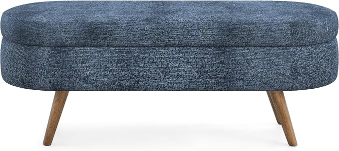 43.5” Storage Ottoman Bench,Upholstered Oval End of Bed Bench for Bedroom | Modern Linen Ottoman with Storage, Entryway Foot Rest with Wooden Leg, Lift-Top Lid with Safety Hinge, Living Room, Dark Blue