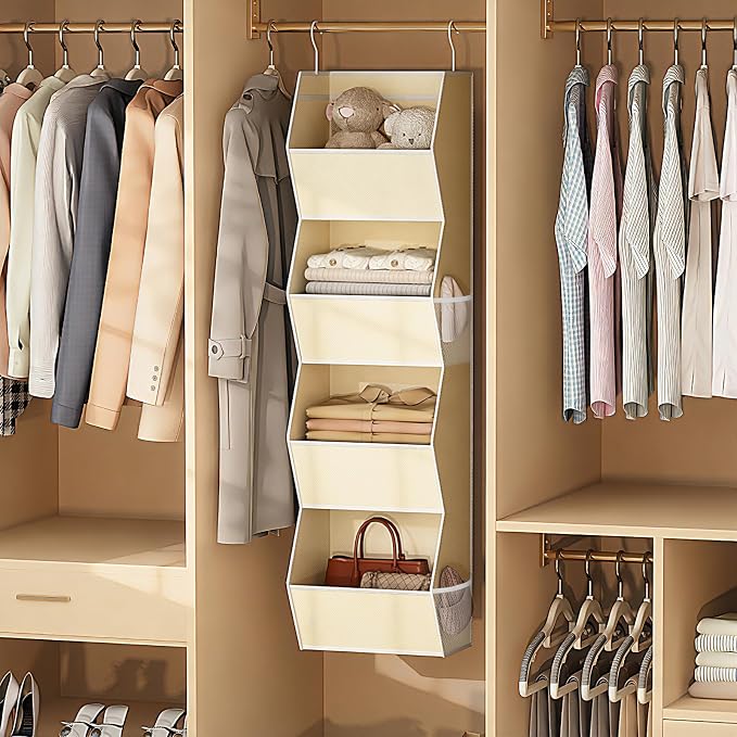 Hanging Closet Organizer 4 Shelf Collapsible Fabric Closet Organizers and Storage Hanging with Mesh Pocket for Clothes, Hanging Wardrobe Organizers and Storage for Sweater T-Shirt Shoes Toys, Beige