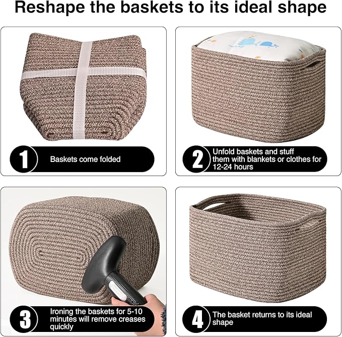 ICERZCZ Storage Baskets for Shelves Organizing, Woven Cotton Rope Baskets for Storage, Book Basket, Decorative Shelf Basket, 12.5"Lx9.1''Wx7.9''H (4 Packs) Dark Brown