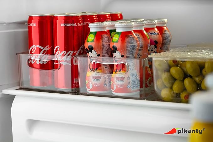 Pikanty Clear Refrigerator Organizer Bin with Handles — 15 Inch Stackable Fridge and Pantry Storage Container for Snacks, Produce, Cans, Yogurt, Condiments, Dishwasher and Freezer Safe, Made in USA