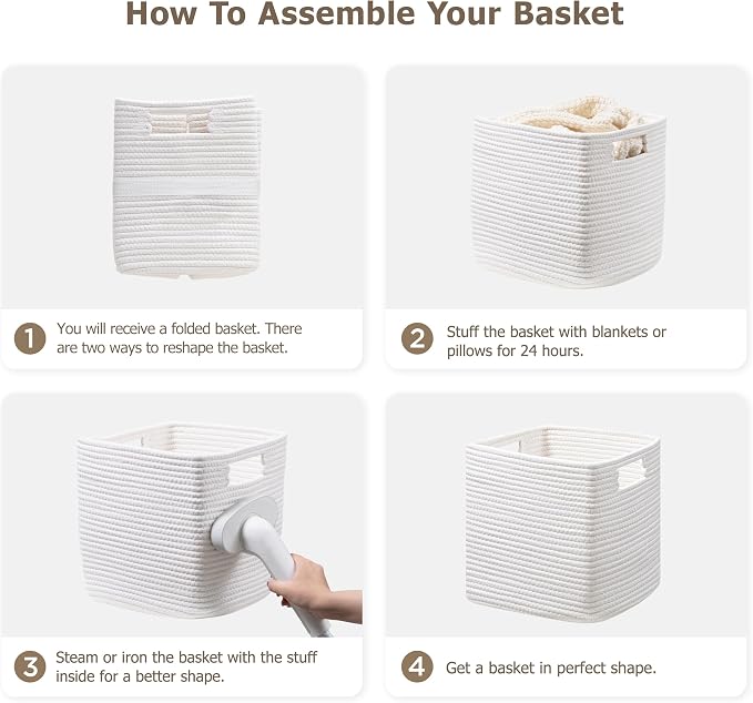 UBBCARE Set of 4 Cotton Rope Basket 13 X 13 X 13 Inches, Woven Storage Baskets for Shelves, Organizing with Handles, Cube Storage Bins for Storage Books, Magazines, White