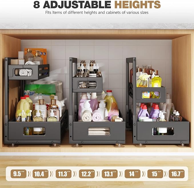 2 Pack 19IN-Depth Under Sink Organizer,Pull Out Cabinet Organizer With Smooth Cylindrical Rail,Metal Slide Out Drawer for Kitchen Bathroom Laundry,8-Level Tool Free Height Adjustable-Black