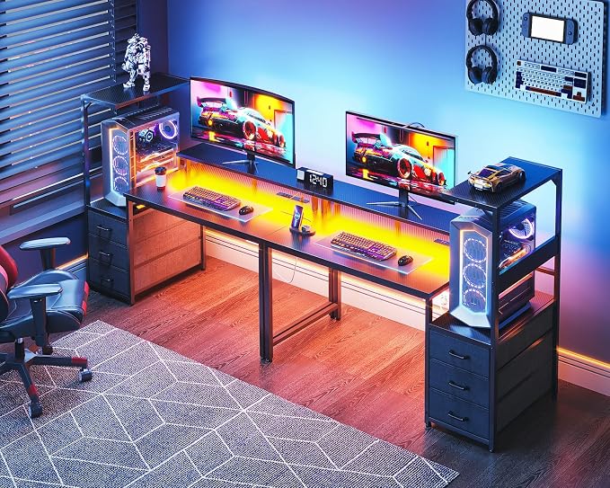 AODK 52 Inch Gaming Desk with USB Charging Ports & LED Light- Reversible Computer Desk with Storage Shelves & Monitor Stand, Modern Gamer Desk Table with Fabric Drawers, Black
