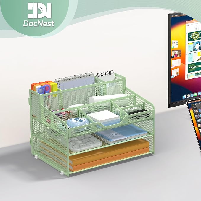Docnest 3 Tier Mesh Desk Organizer with Letter Tray & Paper Sorter, Green | Features 3 built-in pen holders & 5 adjustable compartments on top. Includes 4 non-slip rubber feet for desk protection