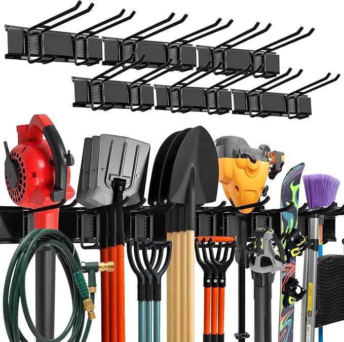 TIDYME Garage Wall Organizer, Shovel Holder Wall Mount, 96" Double Hooks | 600 lbs, adjustable double-layer tool hangers for garage wall, holds ladders, shovels, rakes, hoses & power tools