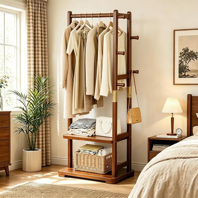 Taitiy Coat Rack Solid Wood Hall Tree Storage 2 Shelves 5 Hooks | Hallway bedroom living room, durable wood construction, freestanding organizer design, coats hats wallets garments