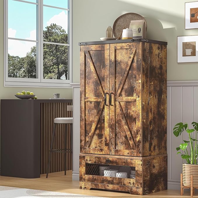 kepptory Farmhouse Pantry Cabinet with Barn Door & Adjustable Shelves, Freestanding Kitchen Storage Cabinet for Dining Room, Bathroom, Hallway (Brown)