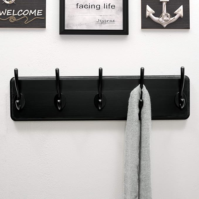 Coat Rack Wall Mount: Modern, Patented, Heavy-Duty, 17.4" Long 5-Double-Hooks Wooden Hanger Hook Rail for Winter Coats Hat Jacket Clothing, Black