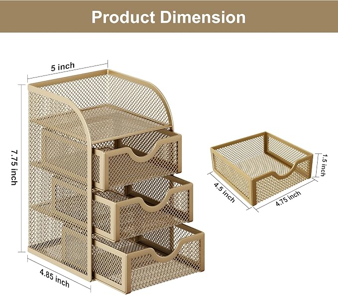 EasyPAG Mesh Desk Organizer with 3 Drawer Office Desktop Organizers and Accessories Stationery Caddy for Office, Home, Students, Gold