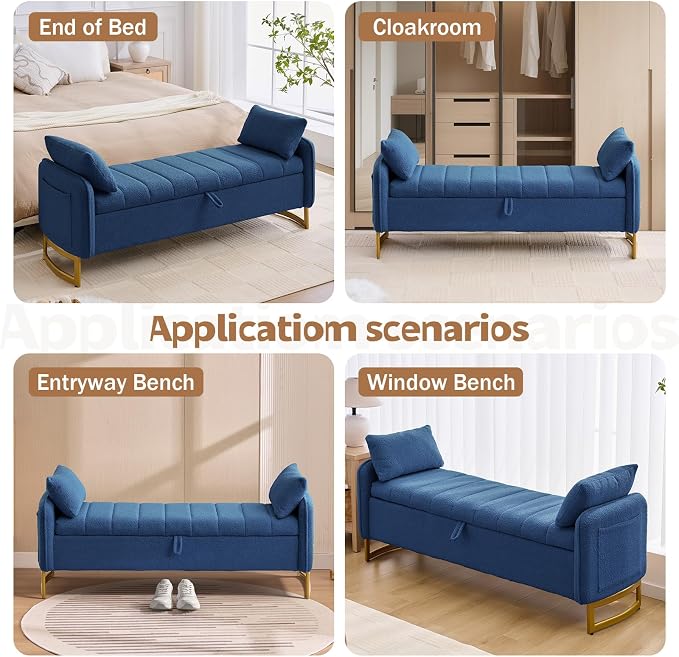 66'' King Size Storage Bench for Bedroom, Teddy Boucle End of Bed Benches for Foot of Bed, Storage Ottoman Bench with Golden Legs and Pockets for Living Room Window Entryway, Blue