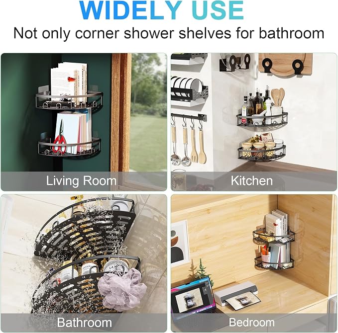 Corner Shower Caddy,Black-Stainless Steel,2 Pack | NEVER RUST Bathroom Shower Corner Shelves with Adhesive,Rustproof Shower Organizer,No Drilling