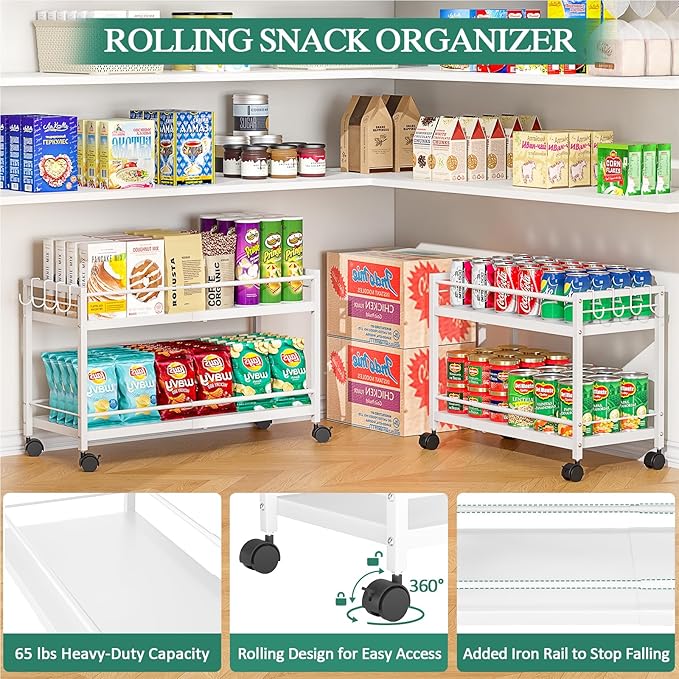 2 Pack 2-Tier Expandable Rolling Pantry Cart with Wheels, Adjustable Floor Organizer for Kitchen Pantry, Can Organizer for Pantry, Storage Cart for Snack, Food, Vegetables, White, Patent Pending